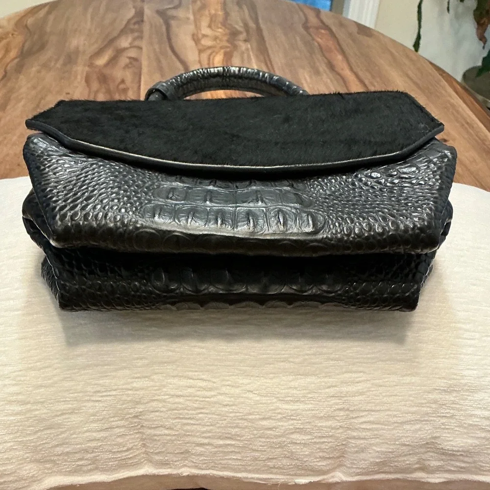Raviani Designer‎ Top Handle Bag Black Furry Leather Alligator Embossed Purse